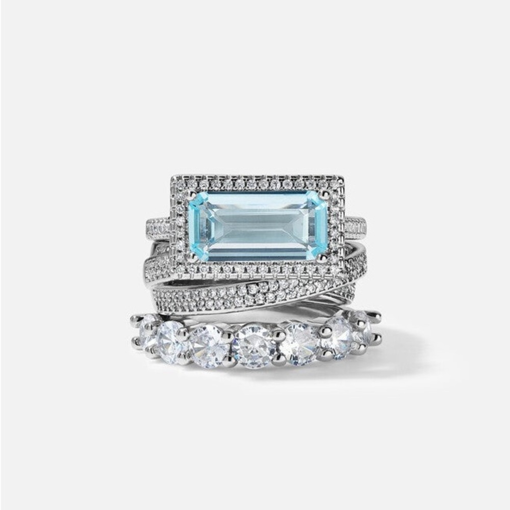 Aquamarine and Diamond 3 Ring Statement Stacked Ring Set - Women Jewelry Size 8